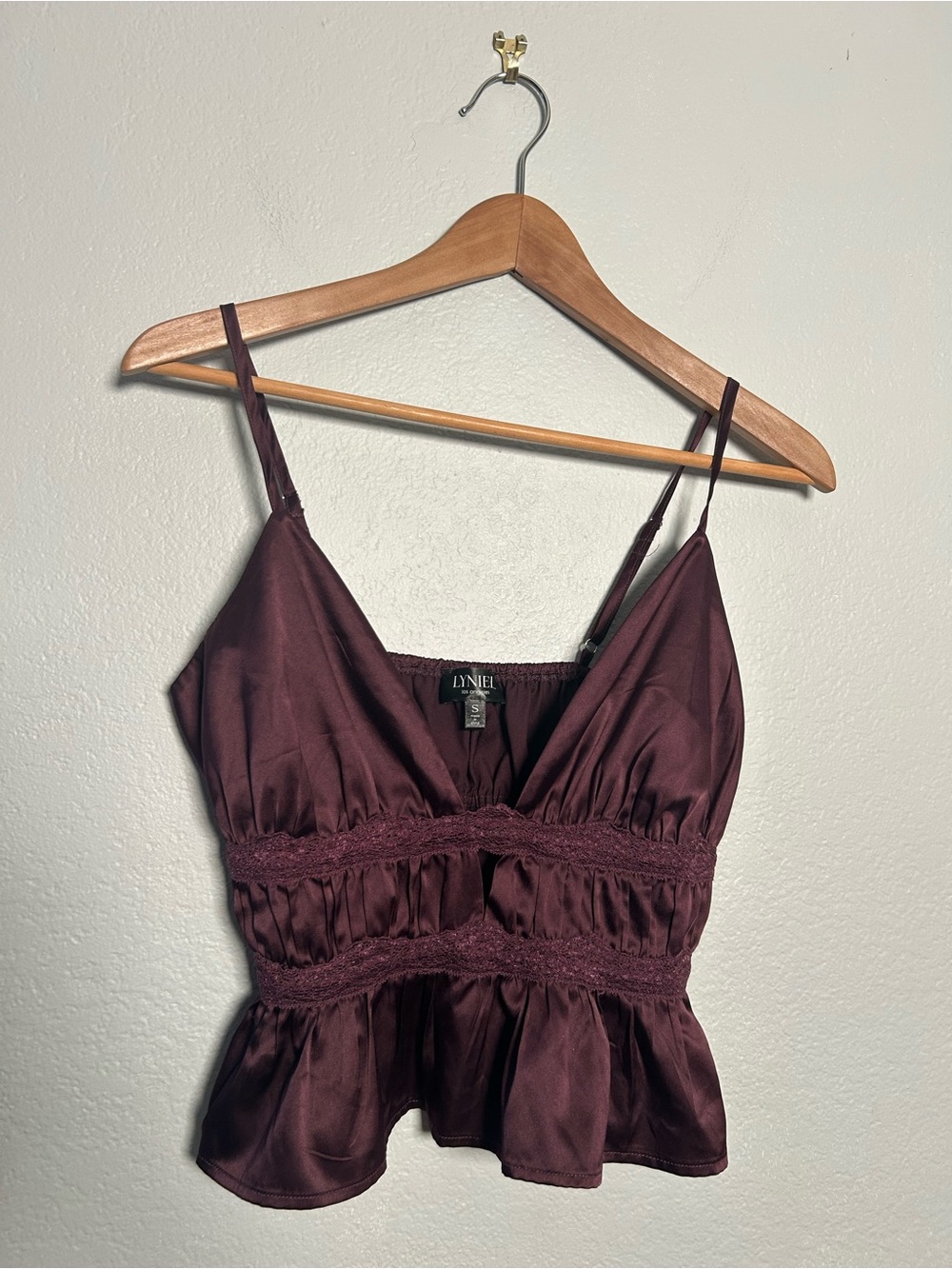 Lyniel Deep Plum Satin and Lace Spaghetti Strap Peplum Top